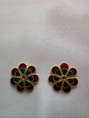 22 k Gold Floral Red and Green Jacket Stud Earrings